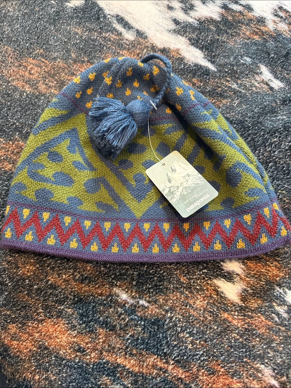 Patagonia Knit Pom Beanie — Blue, Olive & Red
